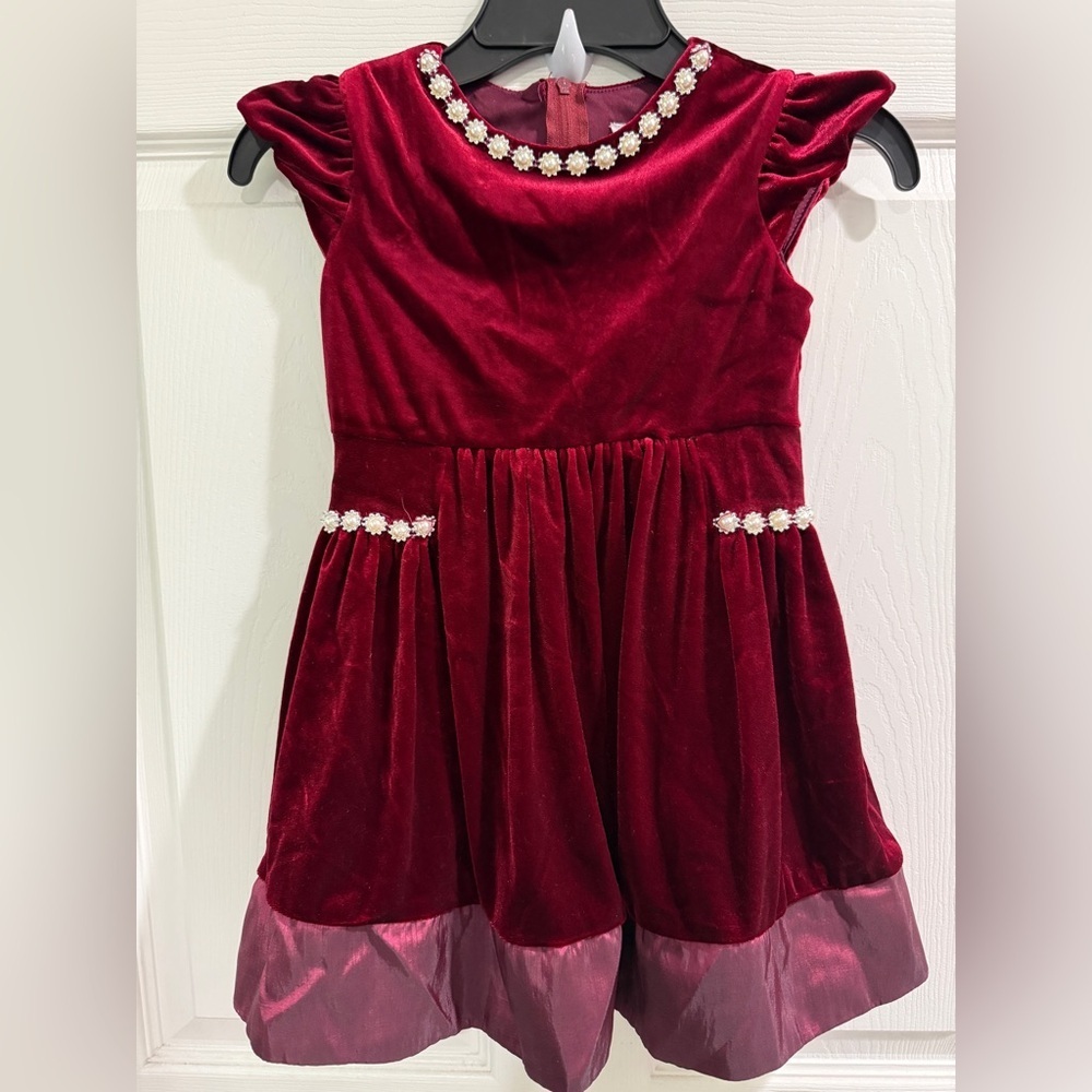 Rare Editions Burgundy Velvet Dress Pearl Details Size 3T Wedding